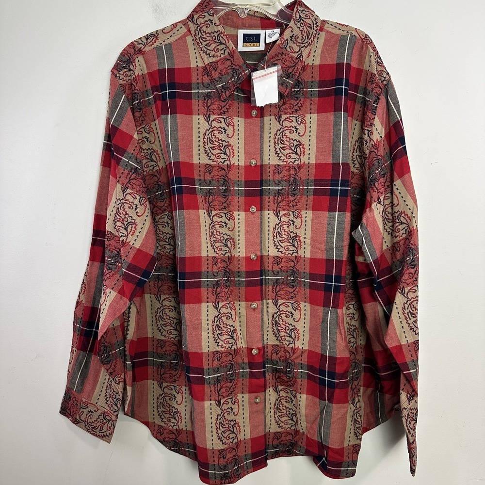 C.S.T. Sport Women's 1X Button Down long sleeve shirt Embroidered Paisley‎ Plaid